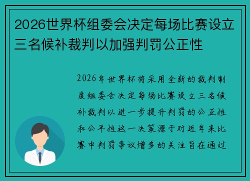 2026世界杯组委会决定每场比赛设立三名候补裁判以加强判罚公正性
