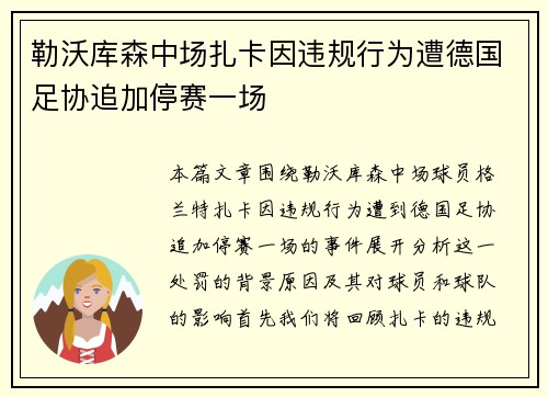 勒沃库森中场扎卡因违规行为遭德国足协追加停赛一场