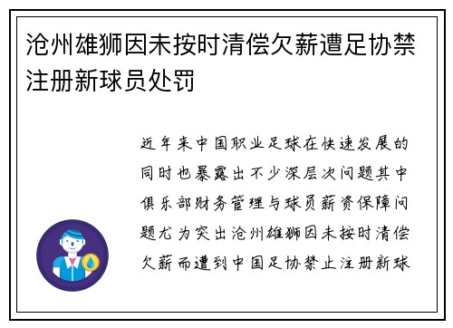 沧州雄狮因未按时清偿欠薪遭足协禁注册新球员处罚 沧州雄狮因未按时清偿欠薪遭足协禁注册新球员处罚