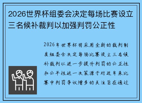 2026世界杯组委会决定每场比赛设立三名候补裁判以加强判罚公正性 2026世界杯组委会决定每场比赛设立三名候补裁判以加强判罚公正性
